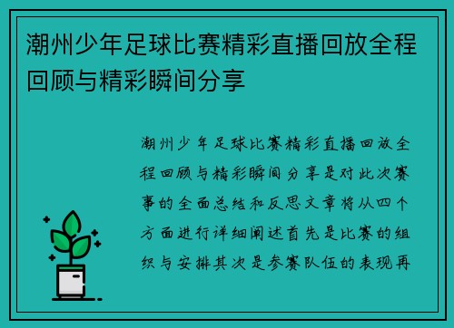 潮州少年足球比赛精彩直播回放全程回顾与精彩瞬间分享